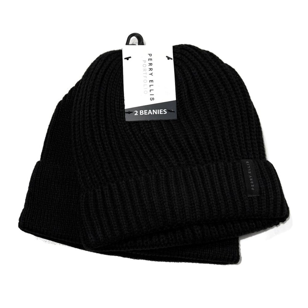 Perry Ellis Portfolio Beanie Lot of 2 Black & Gray Ribbed Cuffed NWT‎ $35 Mens